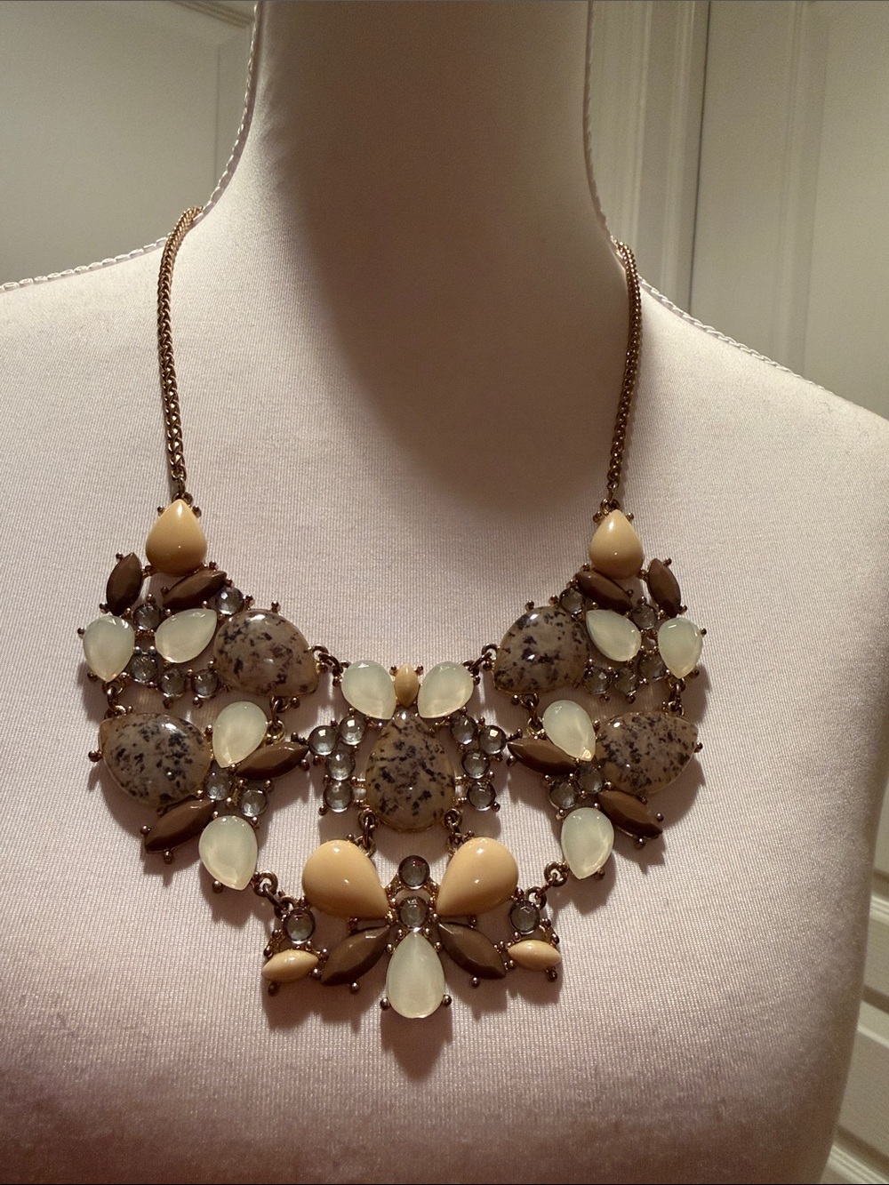 New York & Company Cream and Taupe Floral Bib Necklace